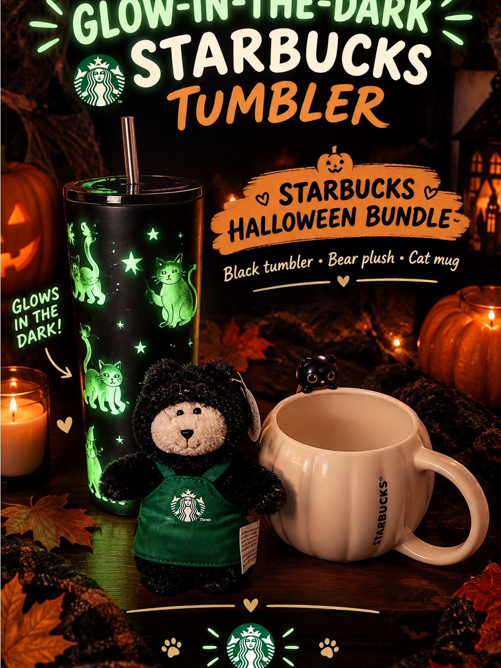 Starbucks Glow-In-The-Dark Black Halloween Tumbler Bundle